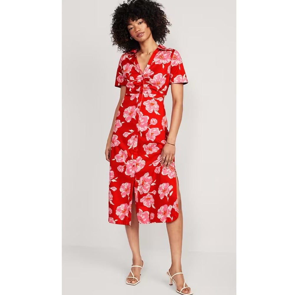 Old Navy Red Pink Floral Cutout‎ Midi Shirt Dress Cotton Button Front Pockets XS